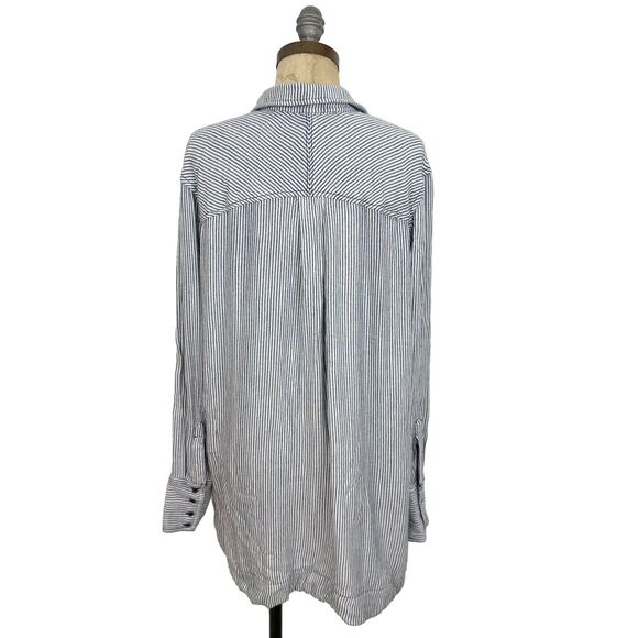 FREE PEOPLE Tunic Striped Shirt S Blue White Top Deep V-Neck Oversized EUC B90 - Picture 4 of 7